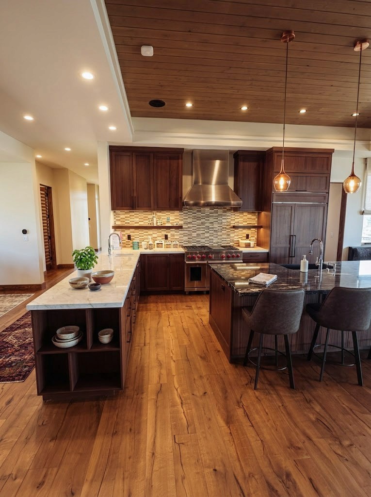 A spacious industrial-style interior with exposed brick walls, large windows, and natural light pouring in during sunset. Wooden desks with plants and workspace materials are arranged along the walls, with a view of greenery and an outdoor seating area.