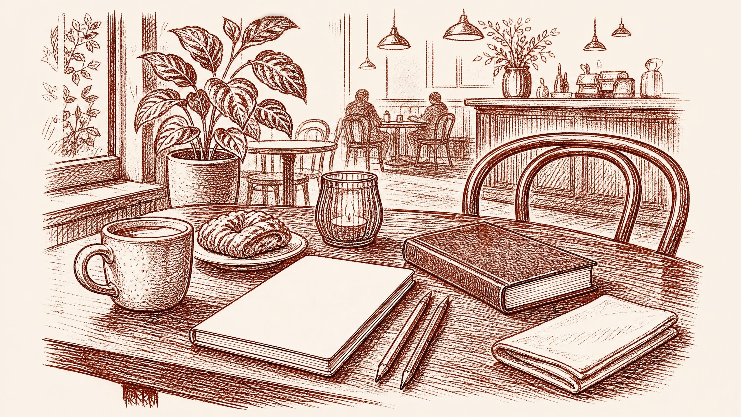 A single café study table prepared for focused work, with a blank notebook, best cafes in tampa