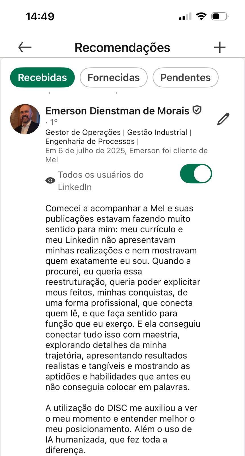 Recomendação pública no LinkedIn