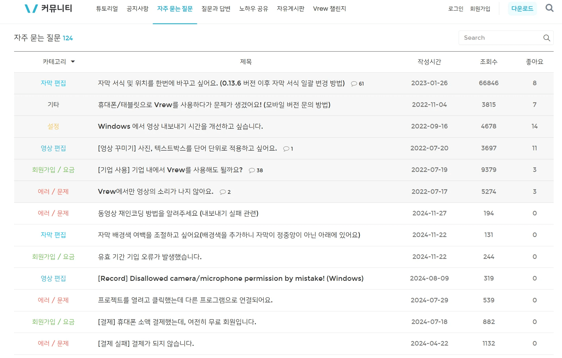 Vrew가 운영 중인 커뮤니티에서 고객이 직접 질문을 주고 받습니다.