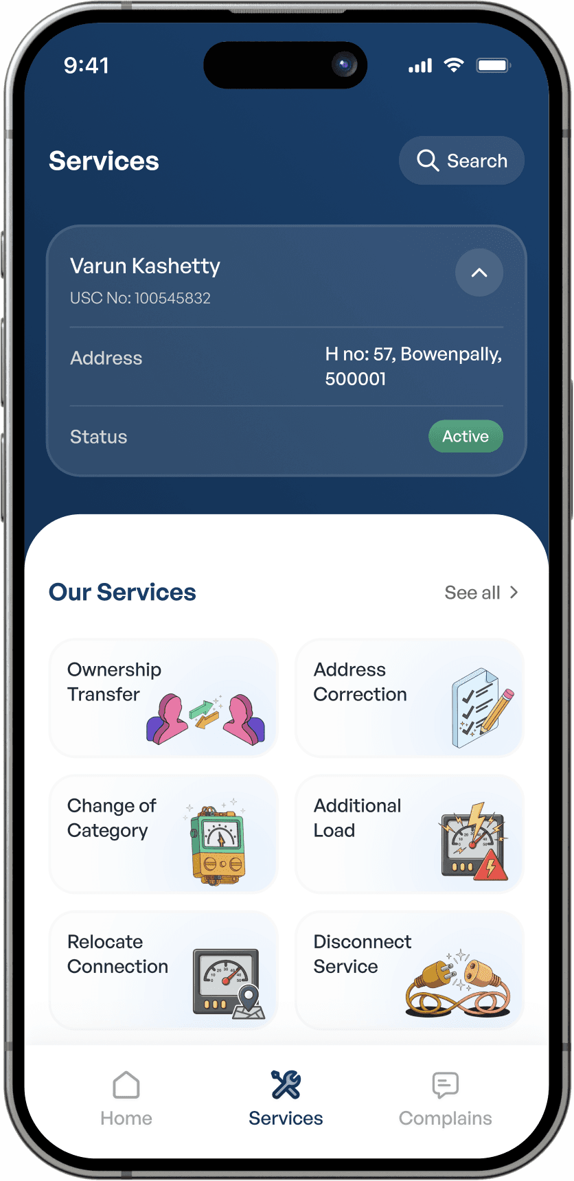 Telangana Electricity app service screen dashboard new interface