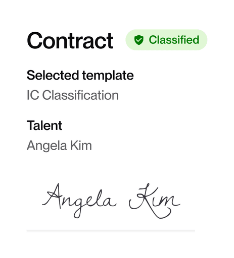 Contract for Angela Kim, classified, showing selected template, IC classification, and Angela Kim's signature.