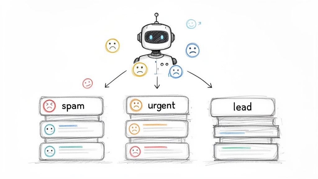 An AI robot sorts messages into spam, urgent, and lead categories using sentiment analysis.