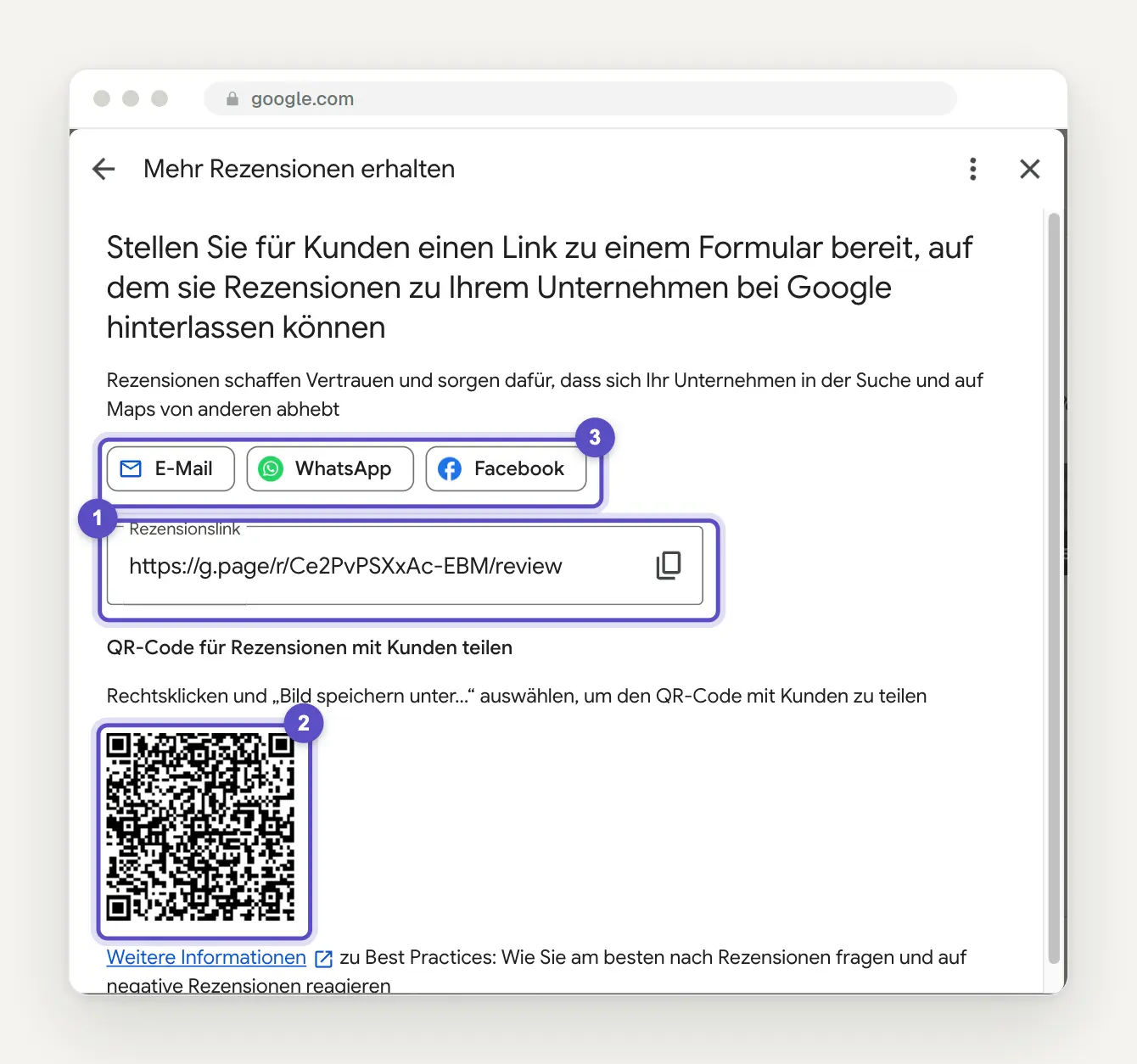 Dialog Mehr Rezensionen erhalten mit Rezensionslink, QR-Code und Schaltflächen zum Teilen per E-Mail, WhatsApp und Facebook.