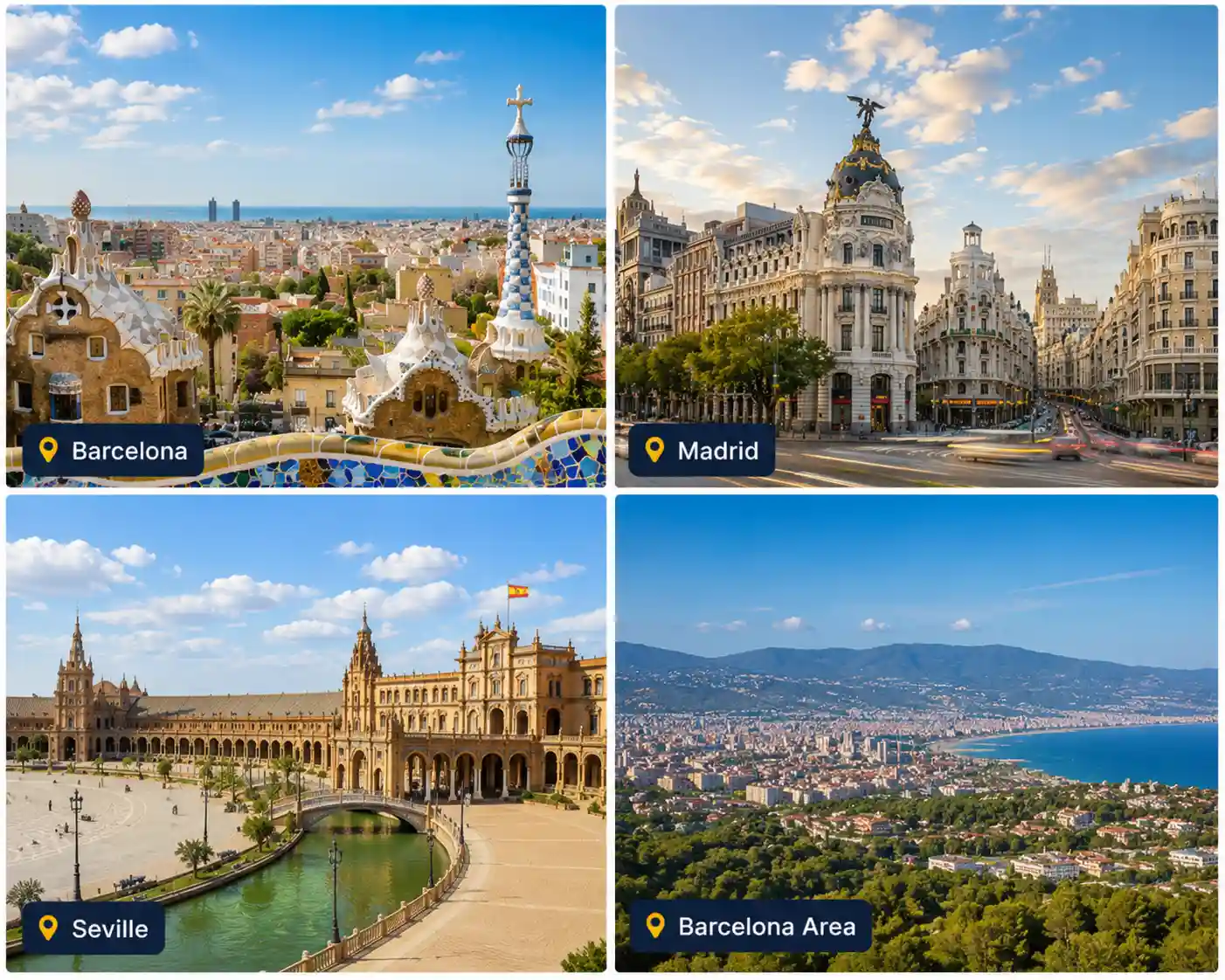 Student accommodation locations in Spain including Barcelona, Madrid, Seville and the Barcelona area