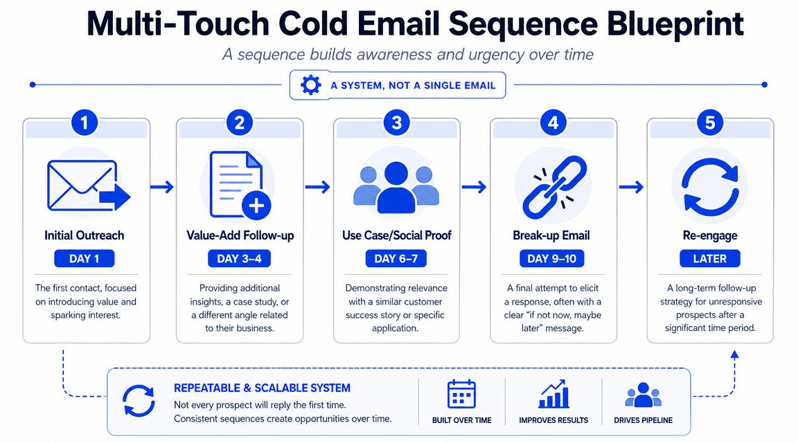 A five-step infographic detailing a strategic multi-touch cold email sequence for business outreach and lead generation.