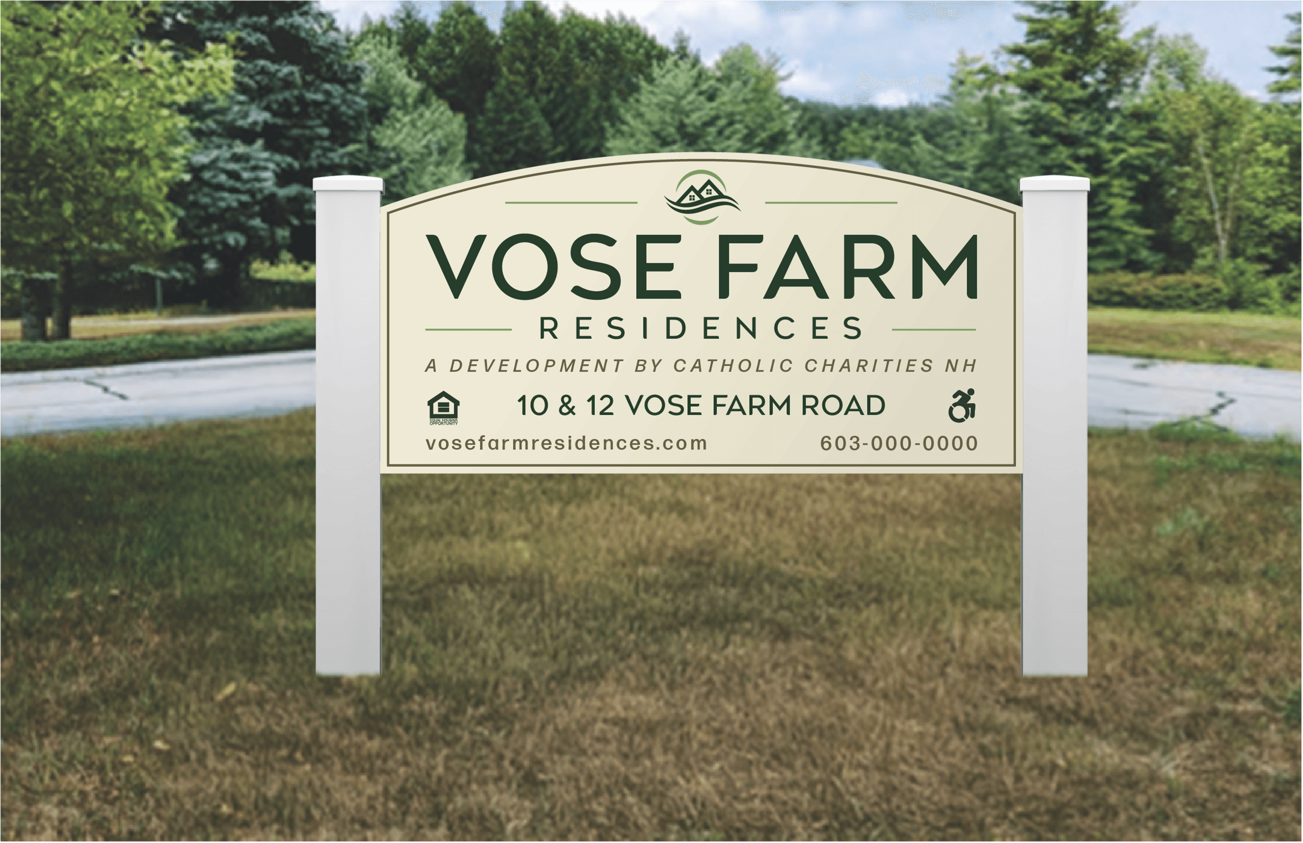 Graphic design mockup of a building sign for Vose Farm Residences — earthy, clean wordmark logo of a house and river with a clean sans serif typography, designed by Will Lefkovich.