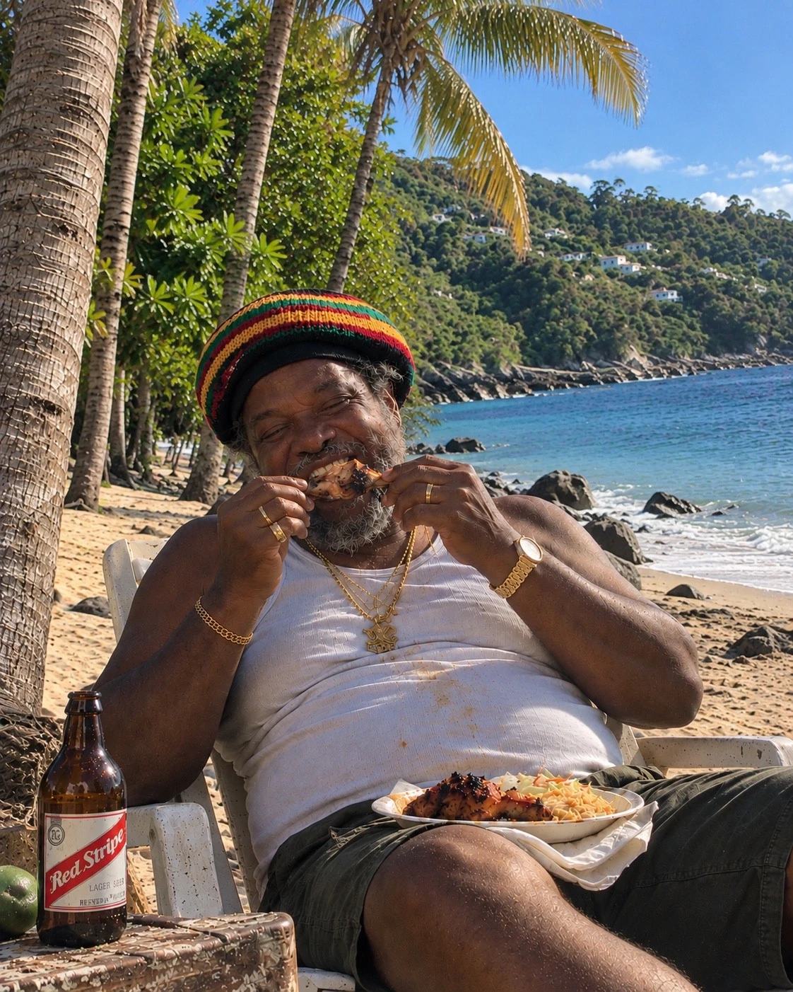 Big Jerk’s dad laughing on the beach with a plate of jerk chicken