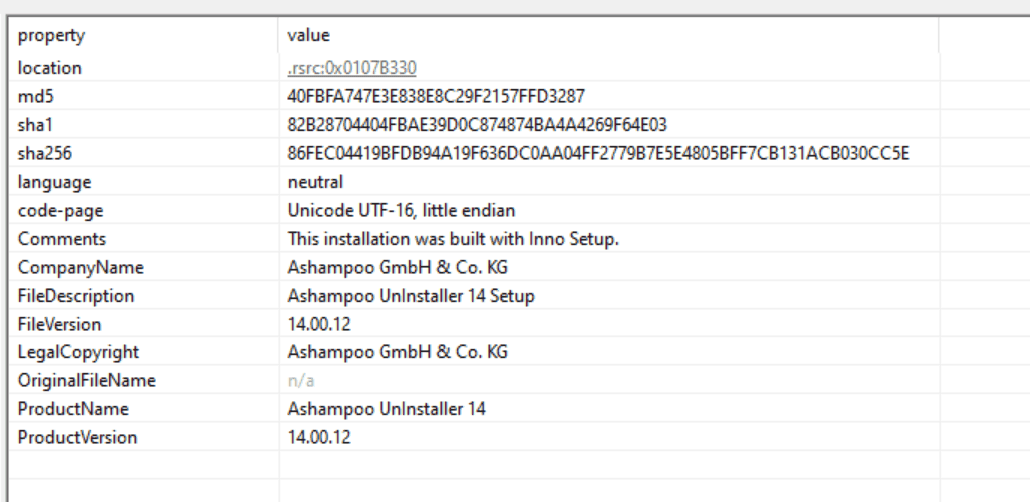 Ein Screenshot mit detaillierten Eigenschaften einer Software-Installation. Zu den wichtigsten Details gehören: Produktname "Ashampoo Uninstaller 14", Version "14.00.12" und Firmenname "Ashampoo GmbH & Co. KG". Weitere technische Daten sind ebenfalls zu sehen.