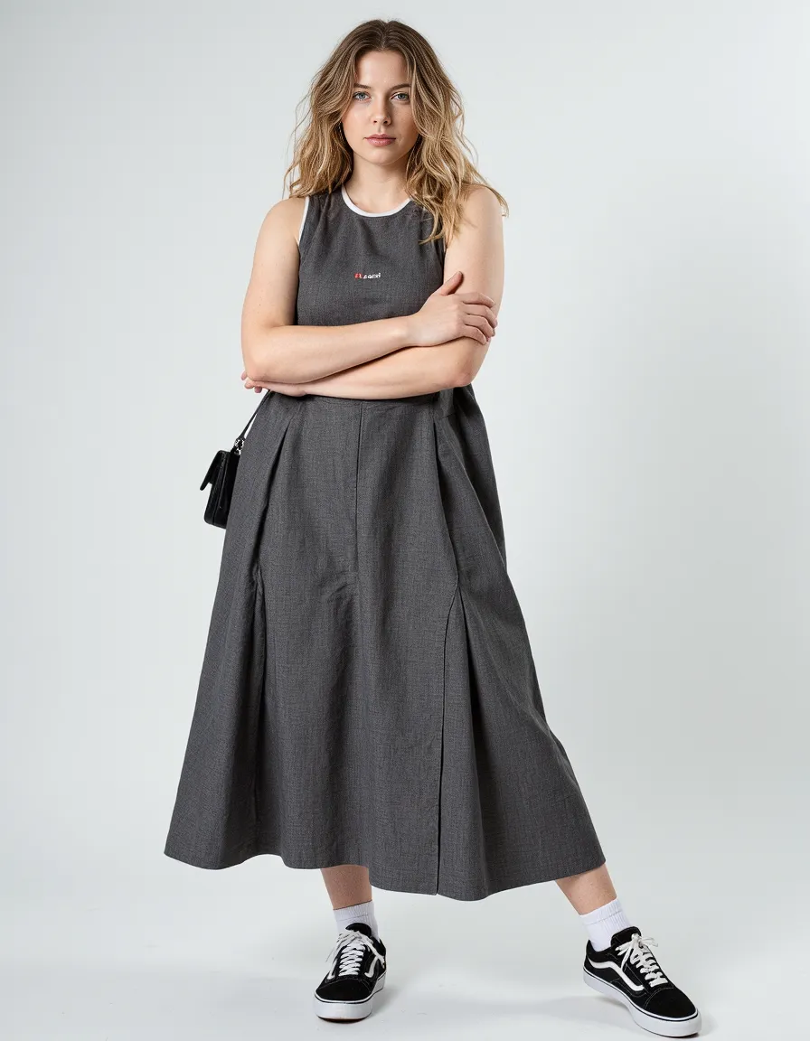 Grey sleeveless midi dress styled with black Vans sneakers and white socks against minimal white background, showcasing casual-elegant fashion