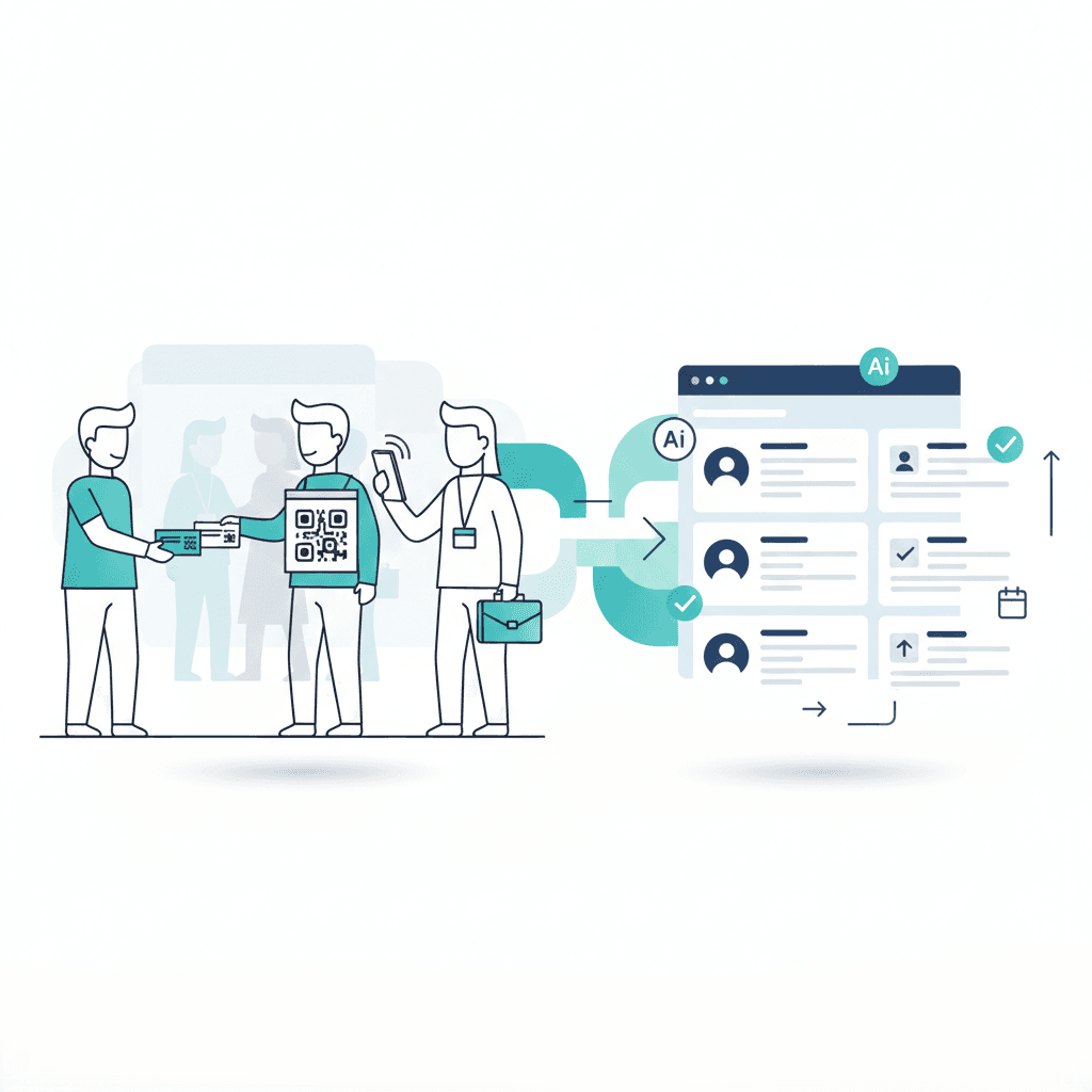 Flat vector illustration of Habsy transforming business card exchanges and QR badge scans into actionable digital leads with AI.