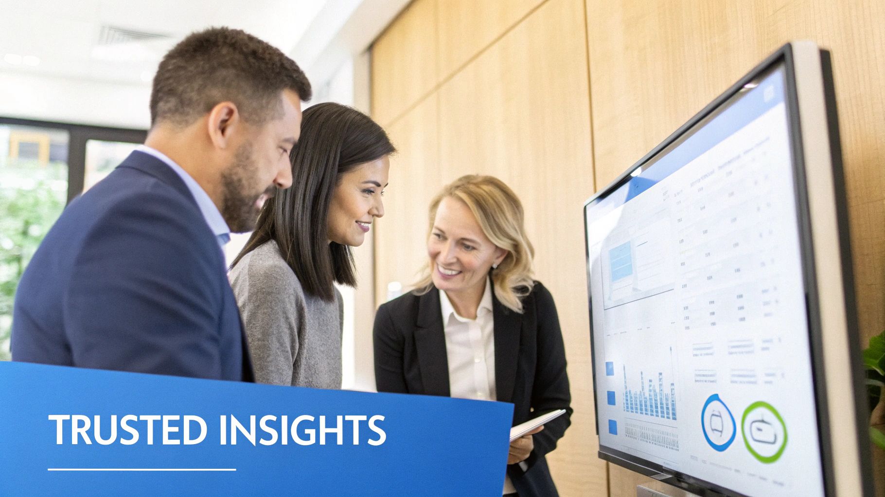 Three diverse business professionals collaborating and analyzing data on a large monitor.
