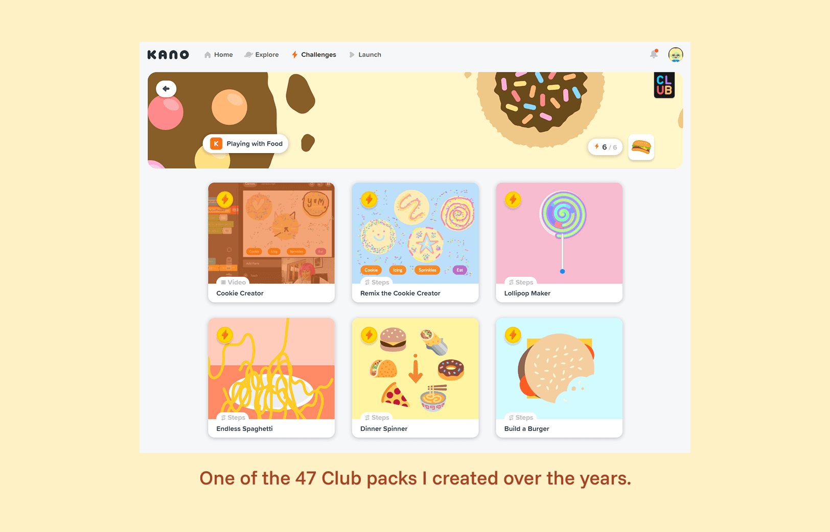 The text reads "One of the 47 Club packs I created over the years". It shows a set of tutorials with the theme "Playing With Food". There are 6 tutorials, demonstrating how to code decorated cookies, generative spaghetti, and a lollipop maker.