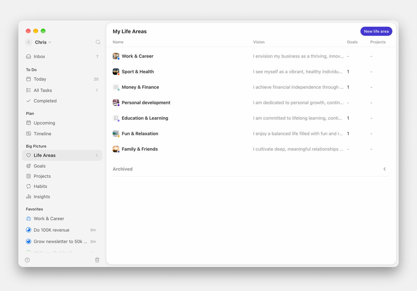 The Life Areas overview in Griply