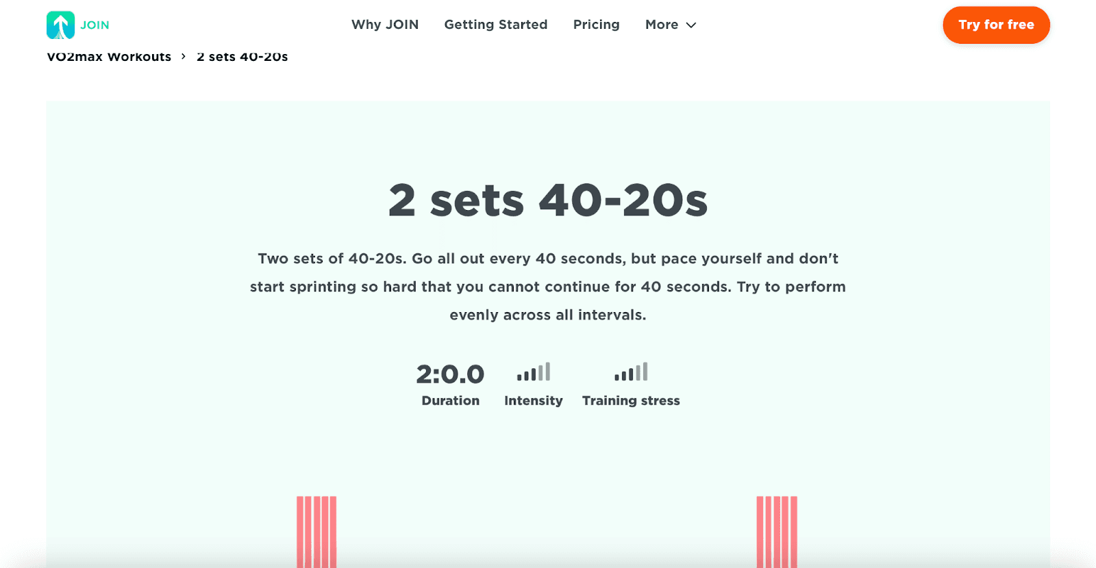 Screen image of JOIN workout: 2 sets 40-20