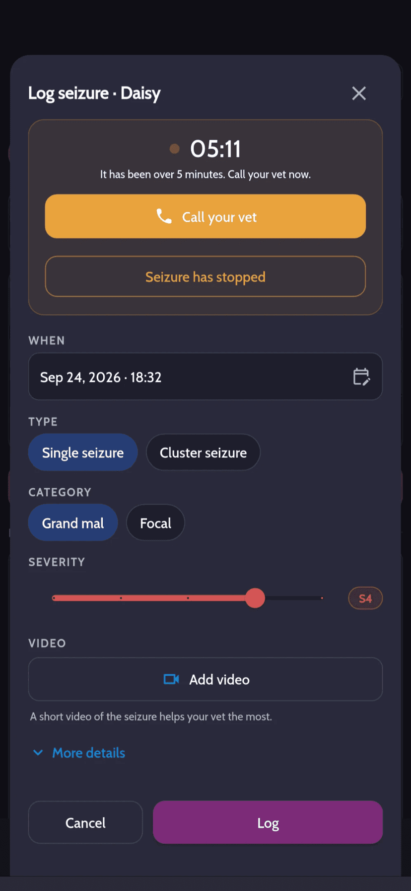 PetVitality seizure log with the timer past five minutes and a Call your vet button