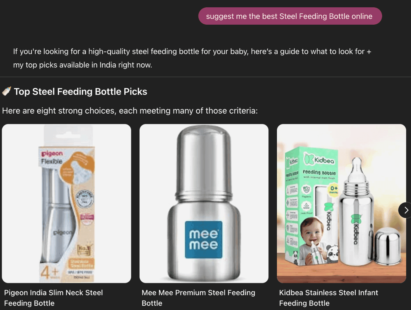 RESULT : STEEL FEEDING BOTTLES