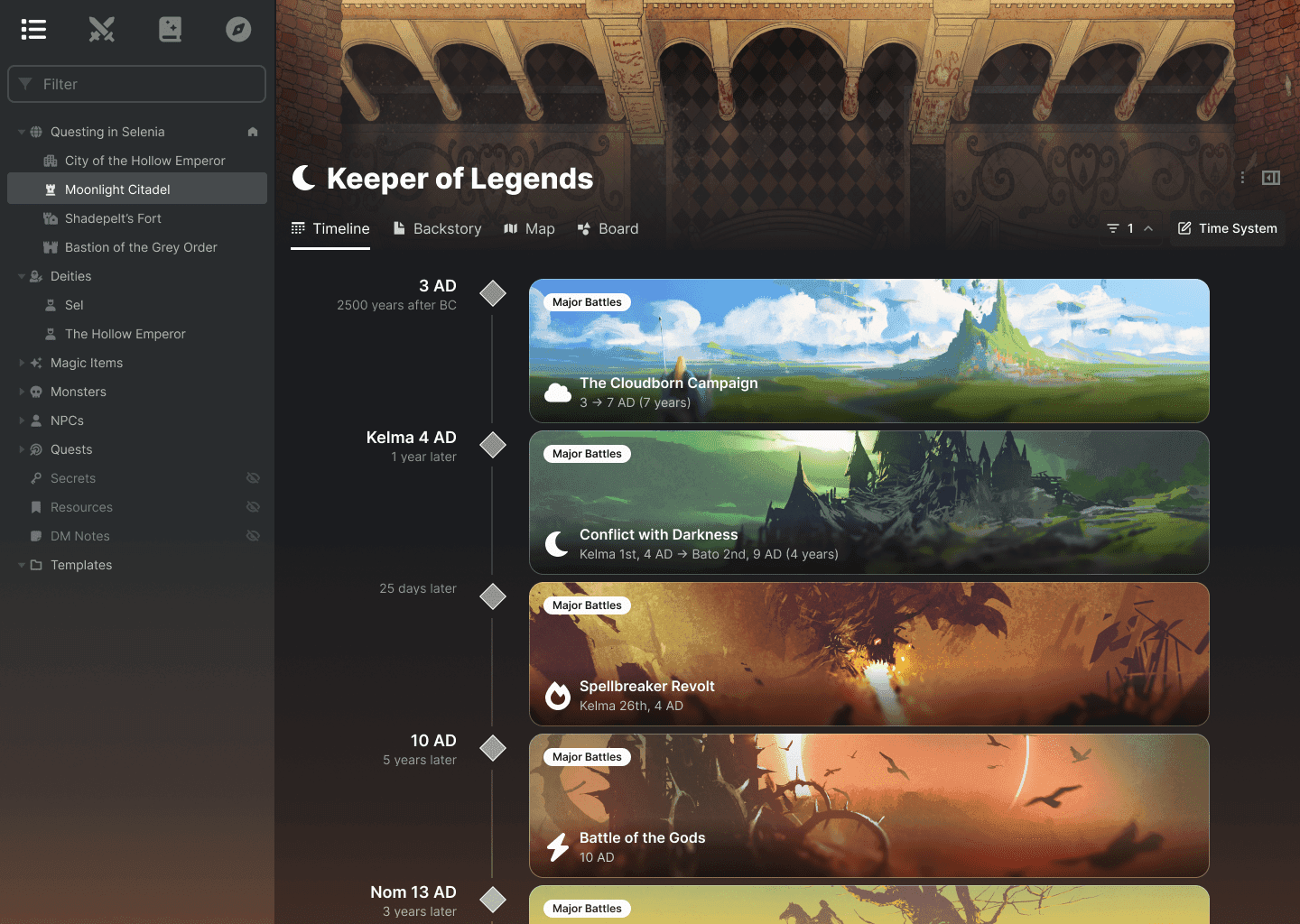 LegendKeeper lore editor with auto-linked terms, tags, and private secrets
