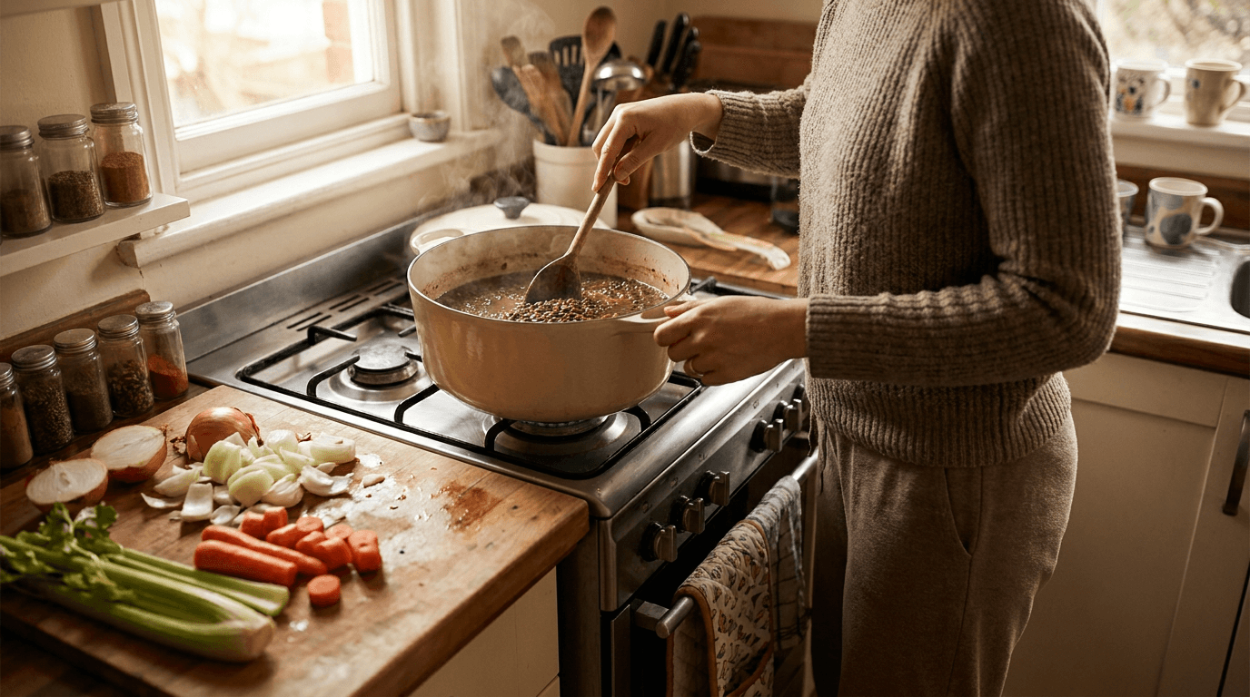 Home cook stirring lentil soup on a weeknight stove