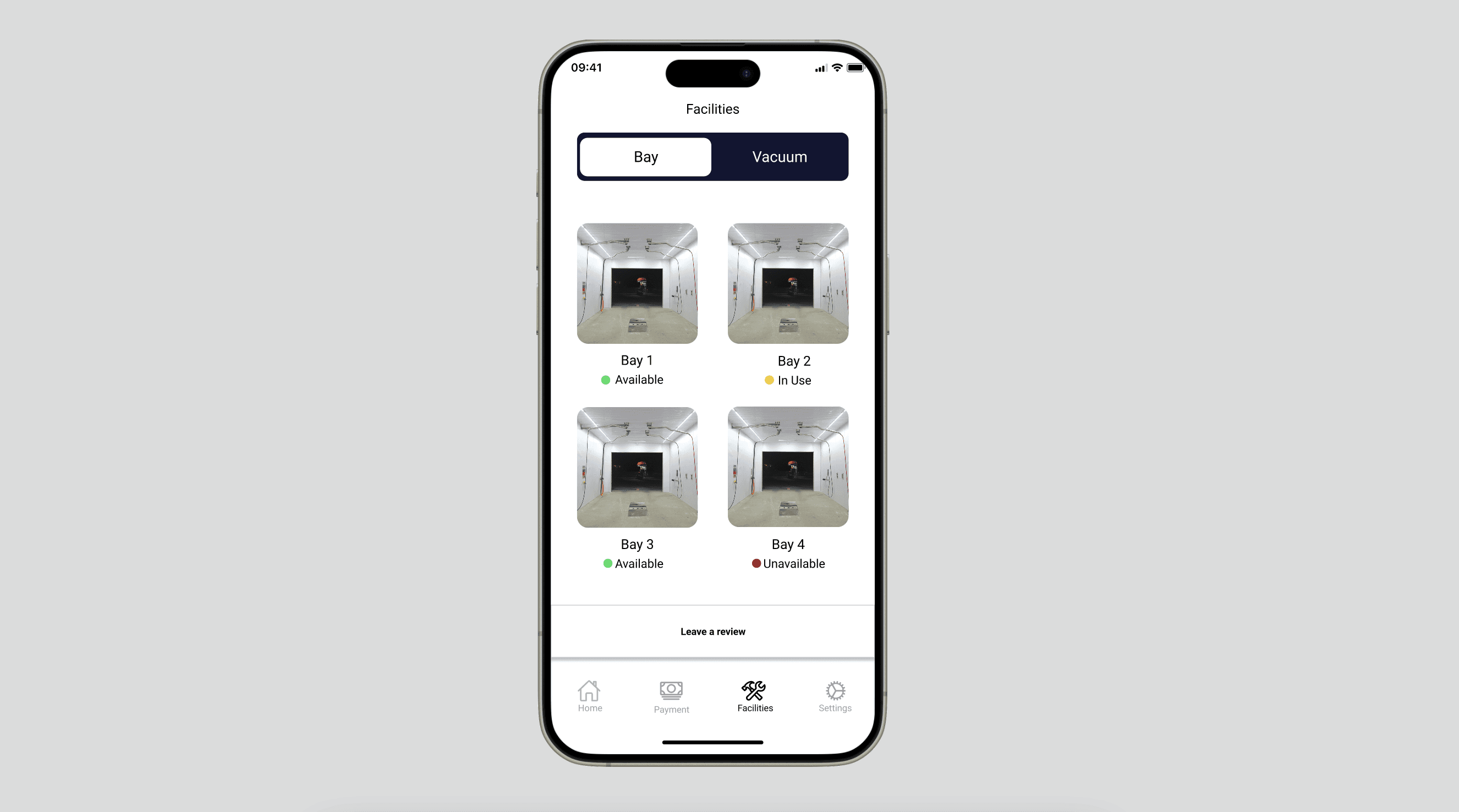 Phone mockup with the app facilities page