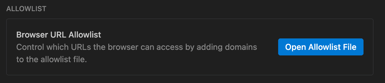 Settings menu contains 'Browser URL Allowlist' with a button to open the allowlist file.