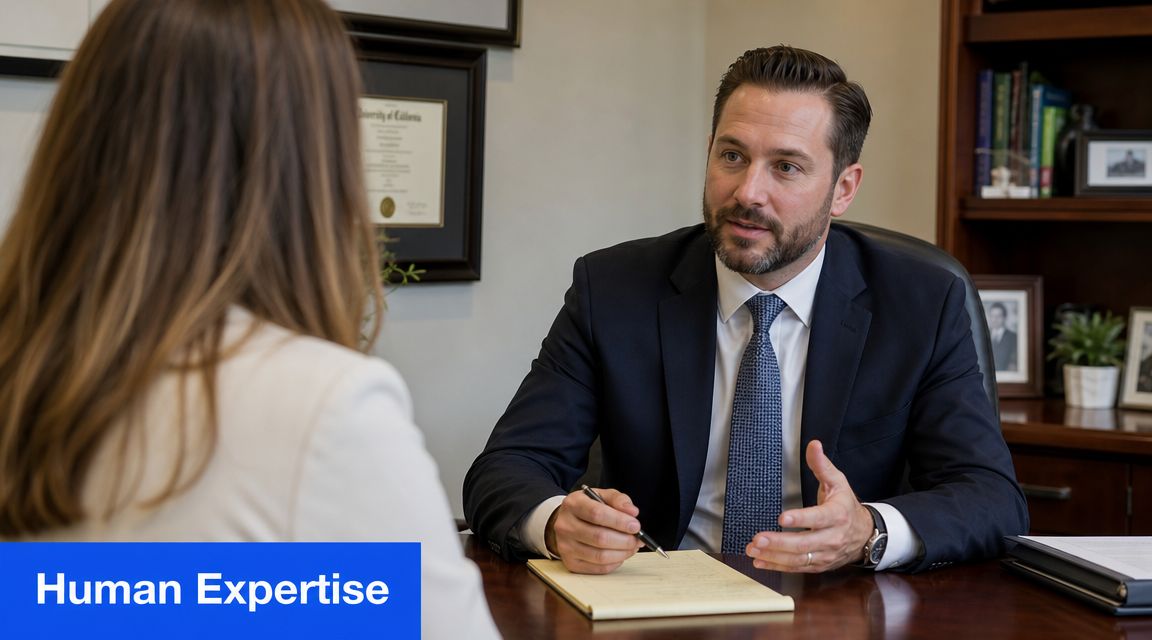 A professional man in a suit discussing legal matters with a female client in an office.