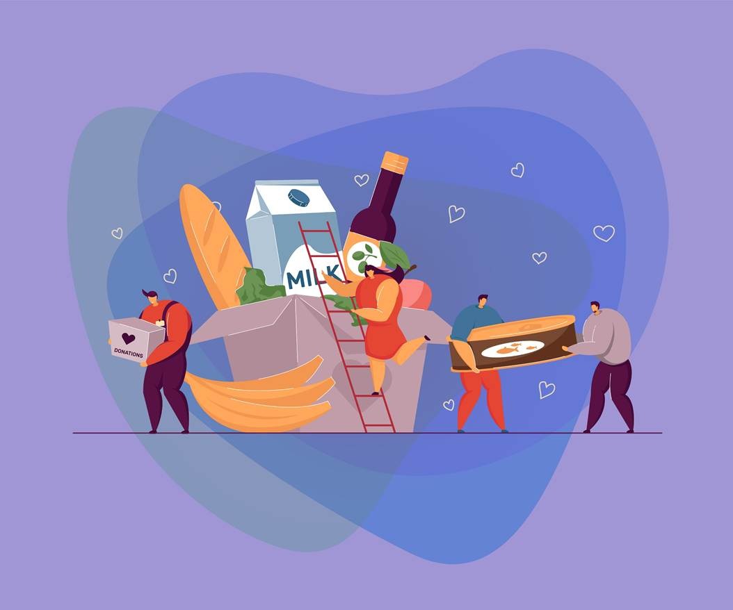 Flat illustration of tiny people assembling a large grocery donation box with food products