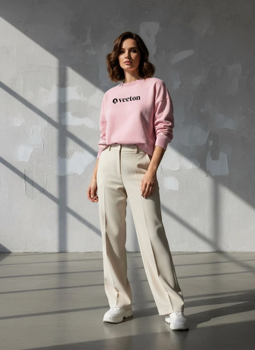 Virtual model wearing pink Veeton sweatshirt and beige trousers with dramatic window lighting