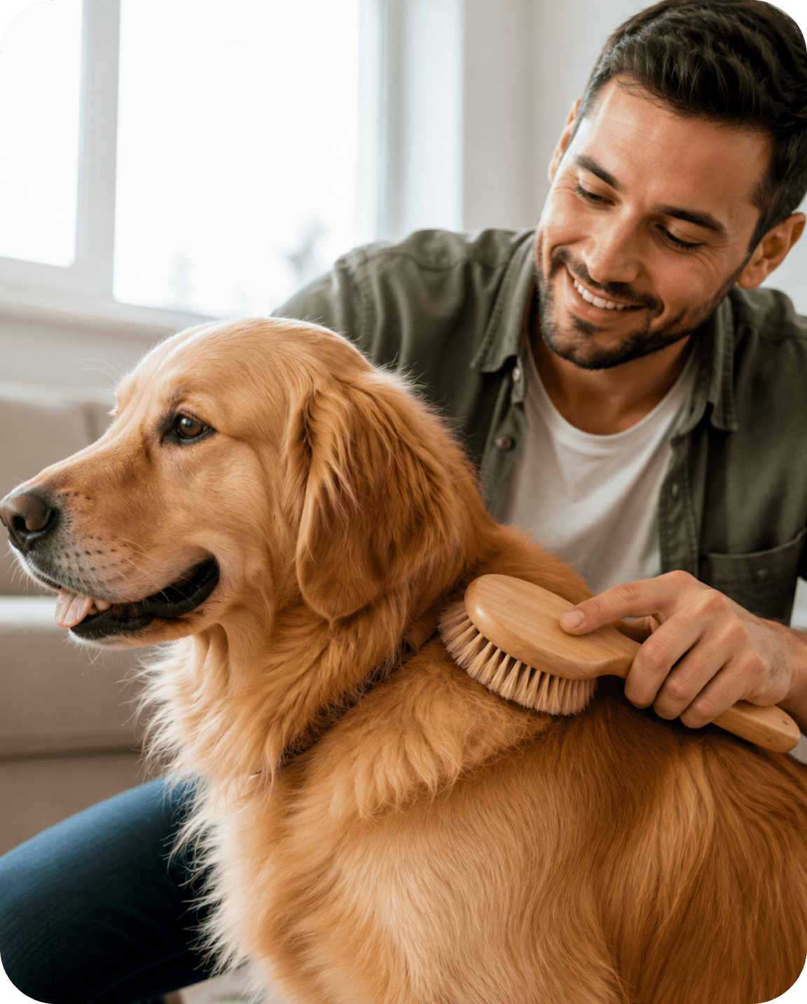 Owner brushing a golden retriever at home