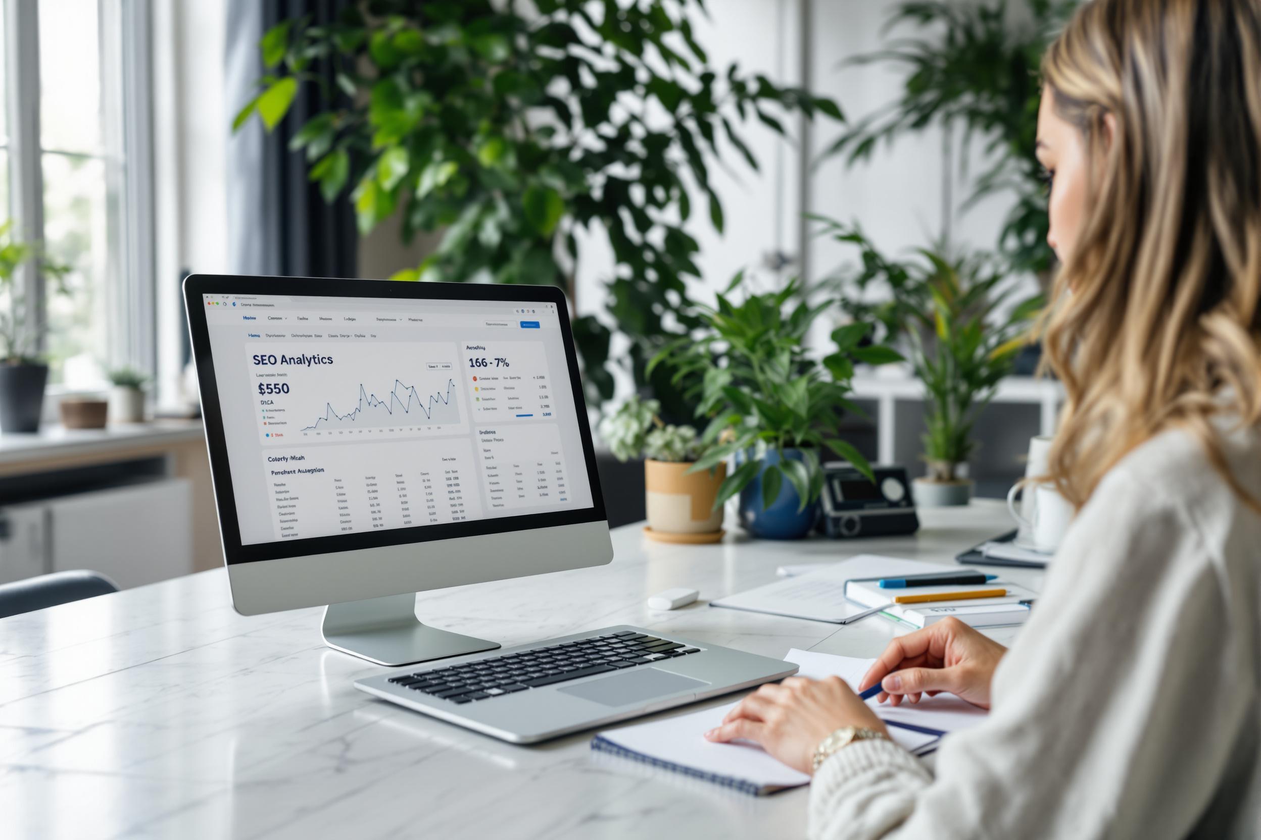 Woman reviewing SEO data on her computer while taking notes on her desk.