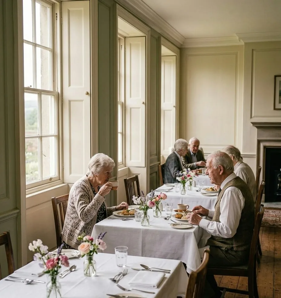 The dining room set for lunch by the long windows