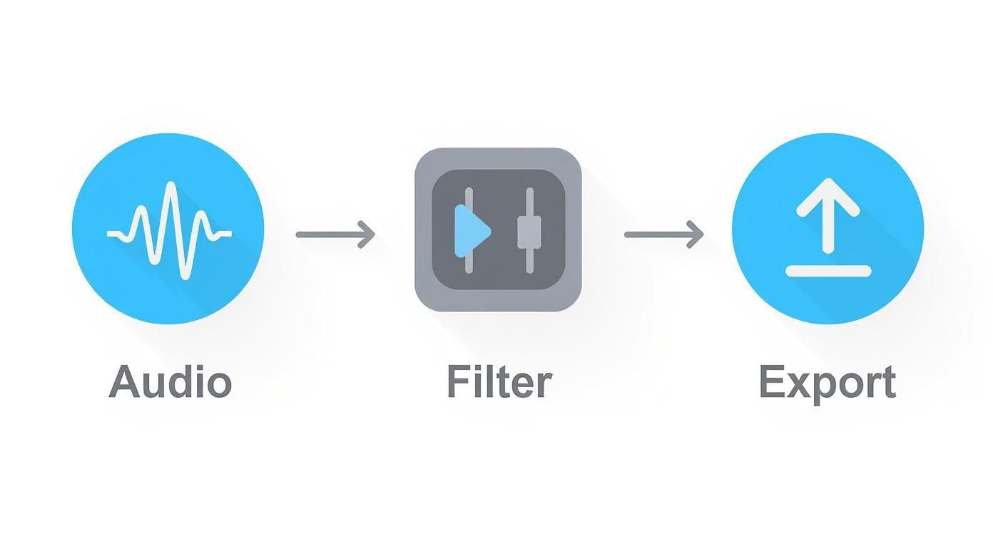 Audio file processing workflow diagram showing three steps: audio input, filtering, and export output