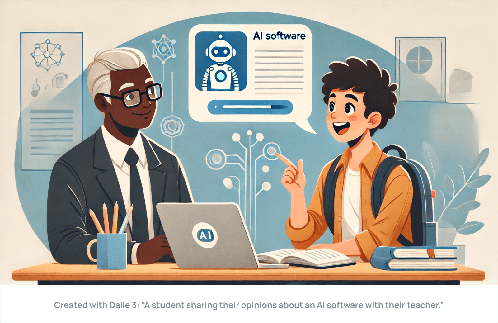 Created with Dalle 3: “A student sharing their opinions about an AI software with their teacher.”