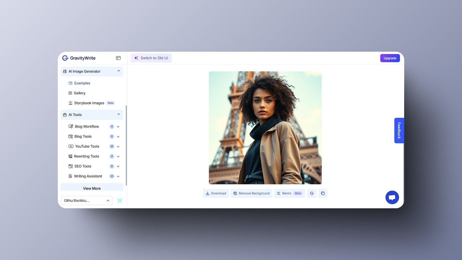 screenshot of GravityWrite AI interface showcasing a photorealistic portrait of a young woman near the Eiffel Tower with image customization options