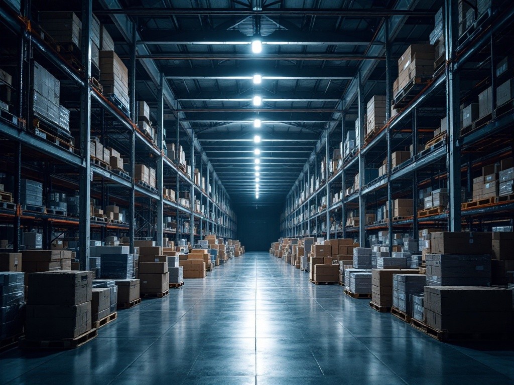 A long aisle in a warehouse with shelves full of boxes.