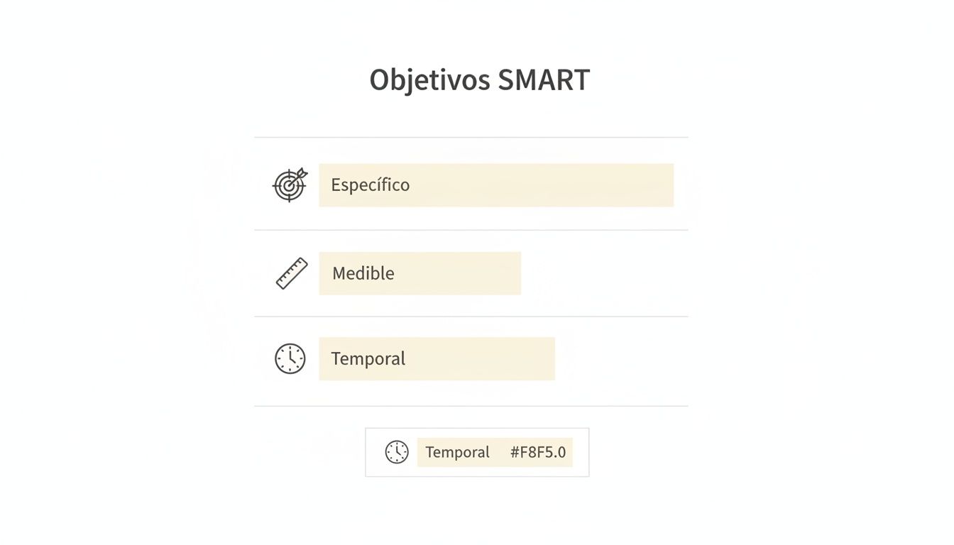 Infografía de objetivos SMART con iconos para Específico, Medible y Temporal, destacando la temporalidad.