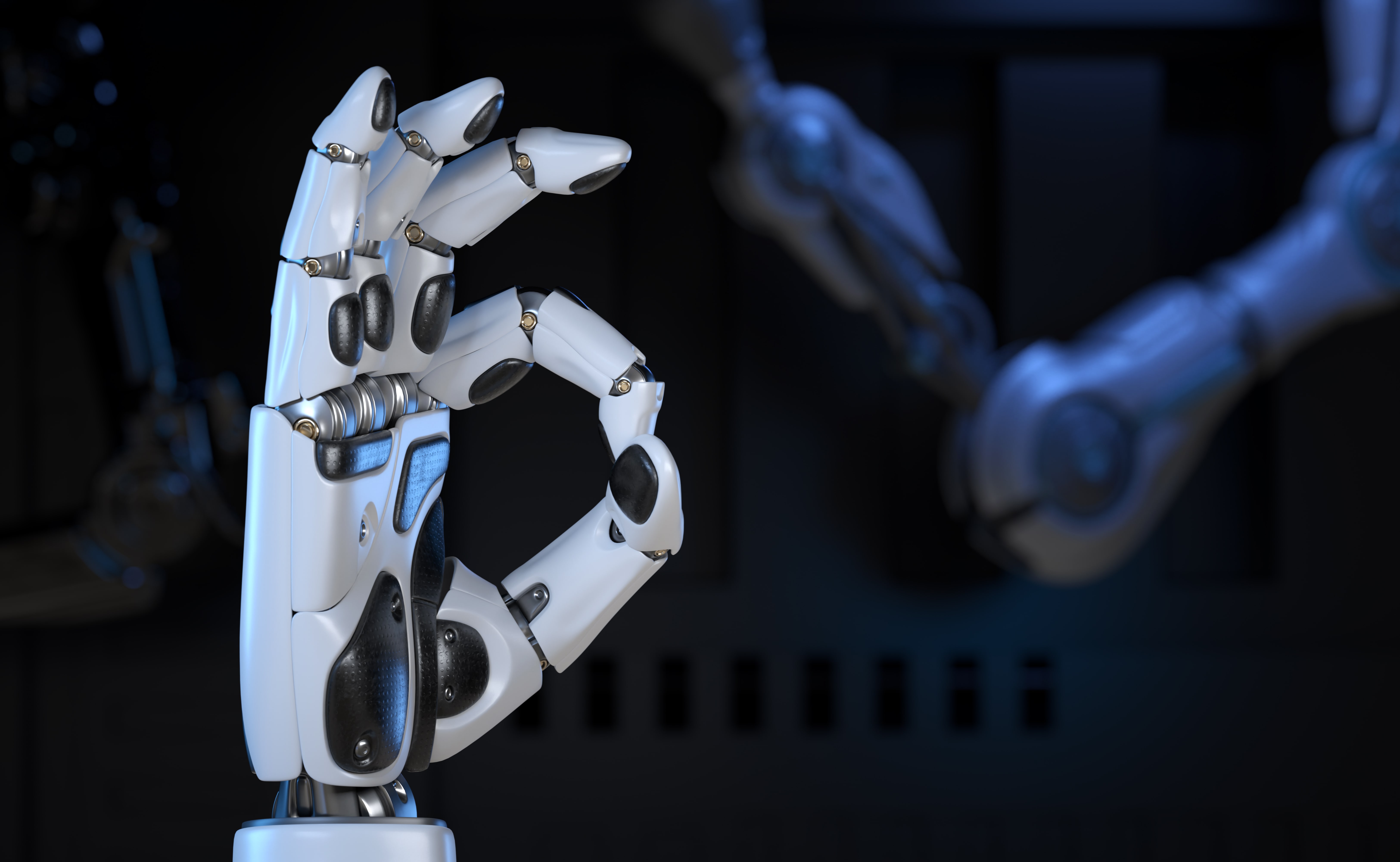 Close-up of a robotic hand making an OK gesture, symbolizing precision and human-robot interaction in advanced AI and cybernetic technology.