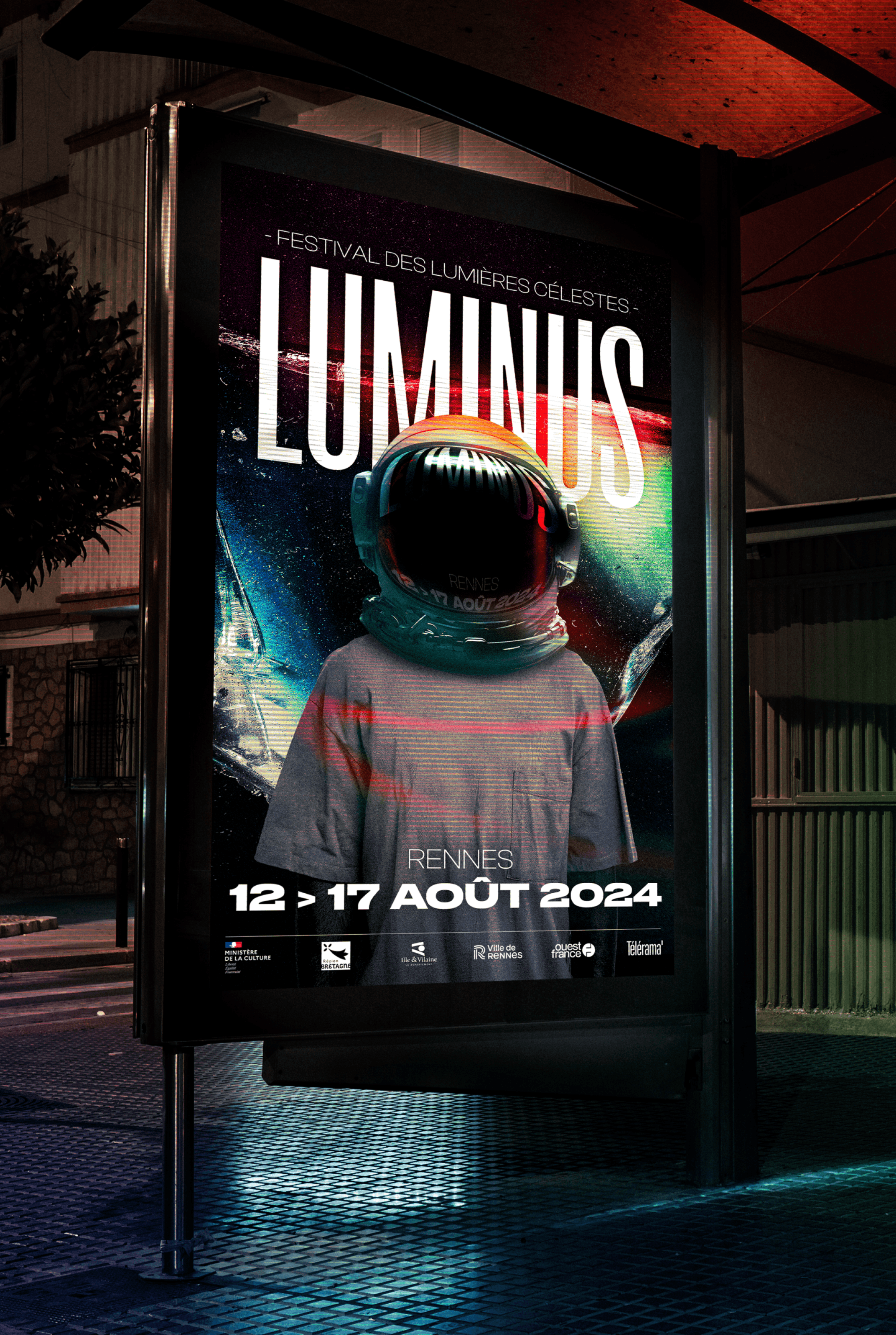 Affiche urbaine pour l’exposition visuelle Luminus, design print et direction artistique.