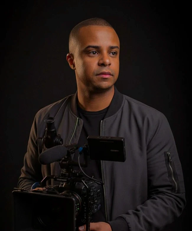 Portrait of a woman with long, smooth hair swept to the side, in a dark t-shirt, on a plain background.