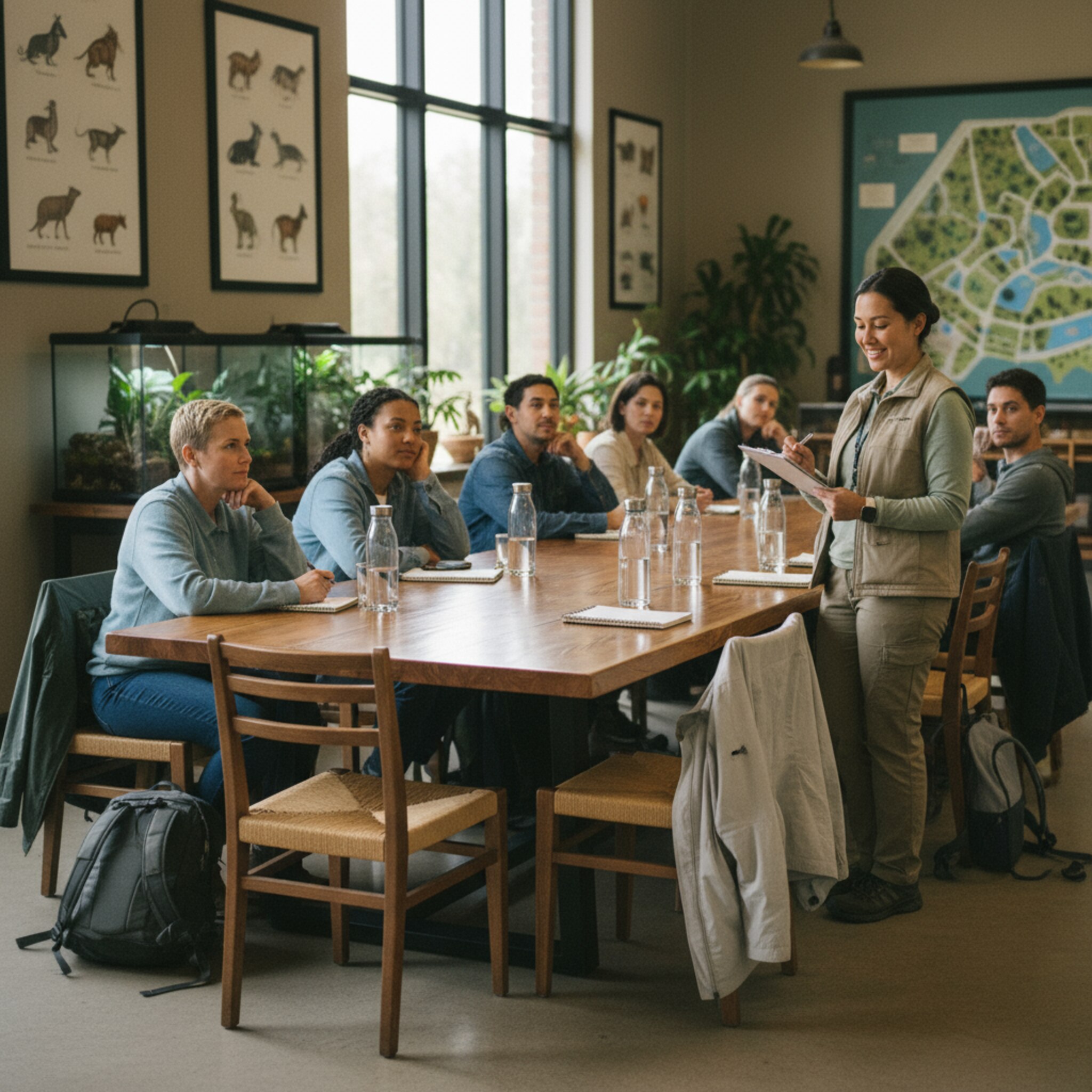Im Gruppenbereich sitzen Reisende an langen Holztischen, Trinkflaschen und Hefte liegen ordentlich bereit. Ein Betreuer überprüft eine gedruckte Teilnehmerliste, während die Gruppe sich sammelt. Sanftes Tageslicht fällt durch große Fenster, die Stimmung ist ruhig und vorbereitet.