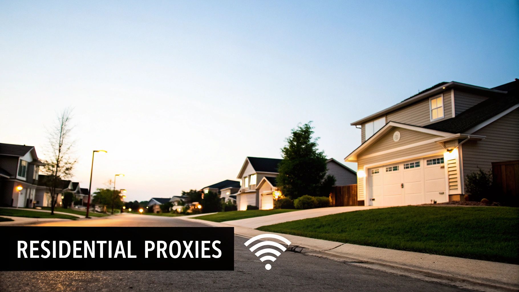 Quiet suburban street with houses, green lawns, and glowing streetlights at dusk, featuring 'Residential Proxies' text and Wi-Fi symbol.