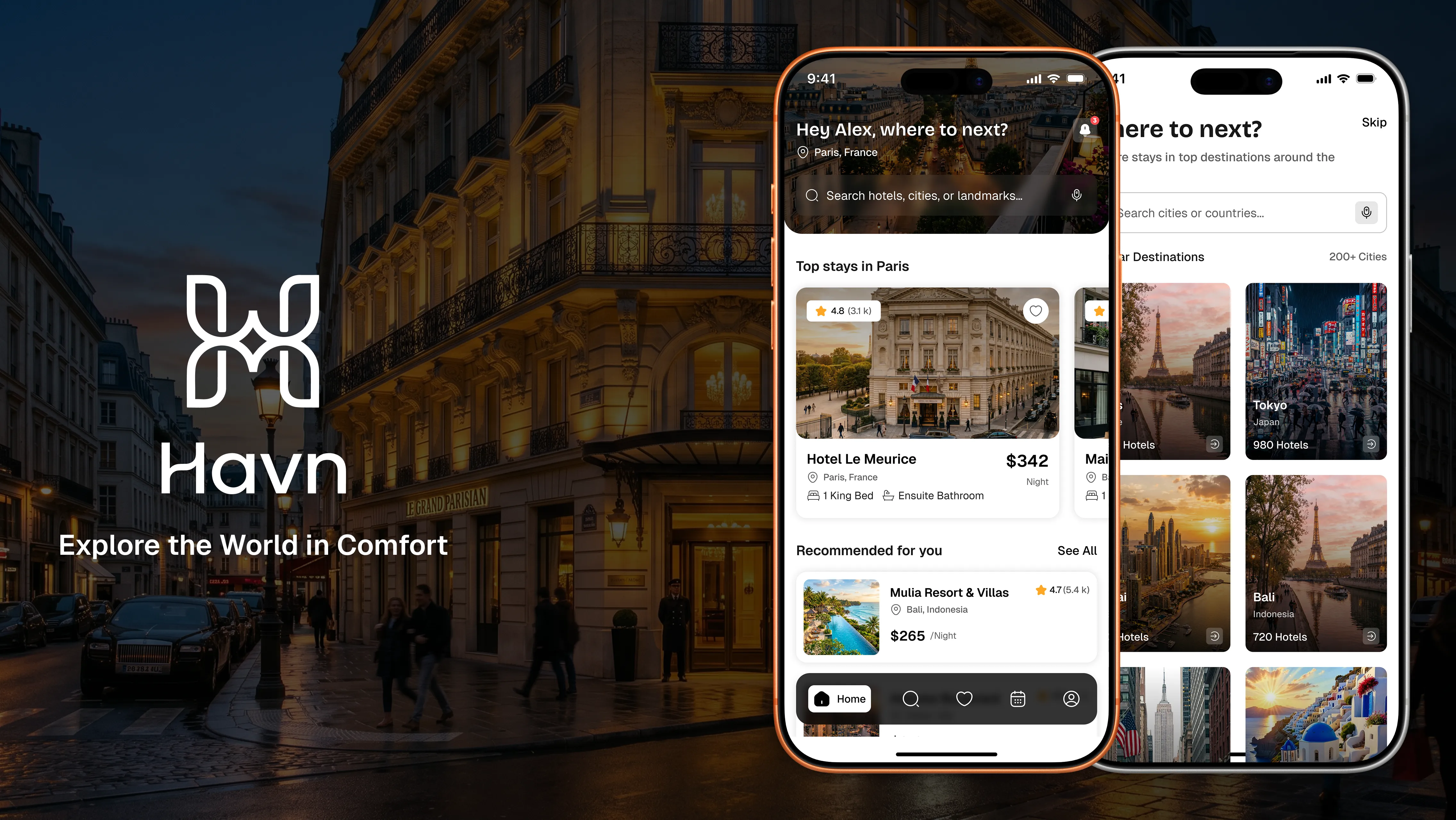 HAVN mobile app UI design by Mayank Desai showing hotel booking screens over a cityscape background with explore and search features.