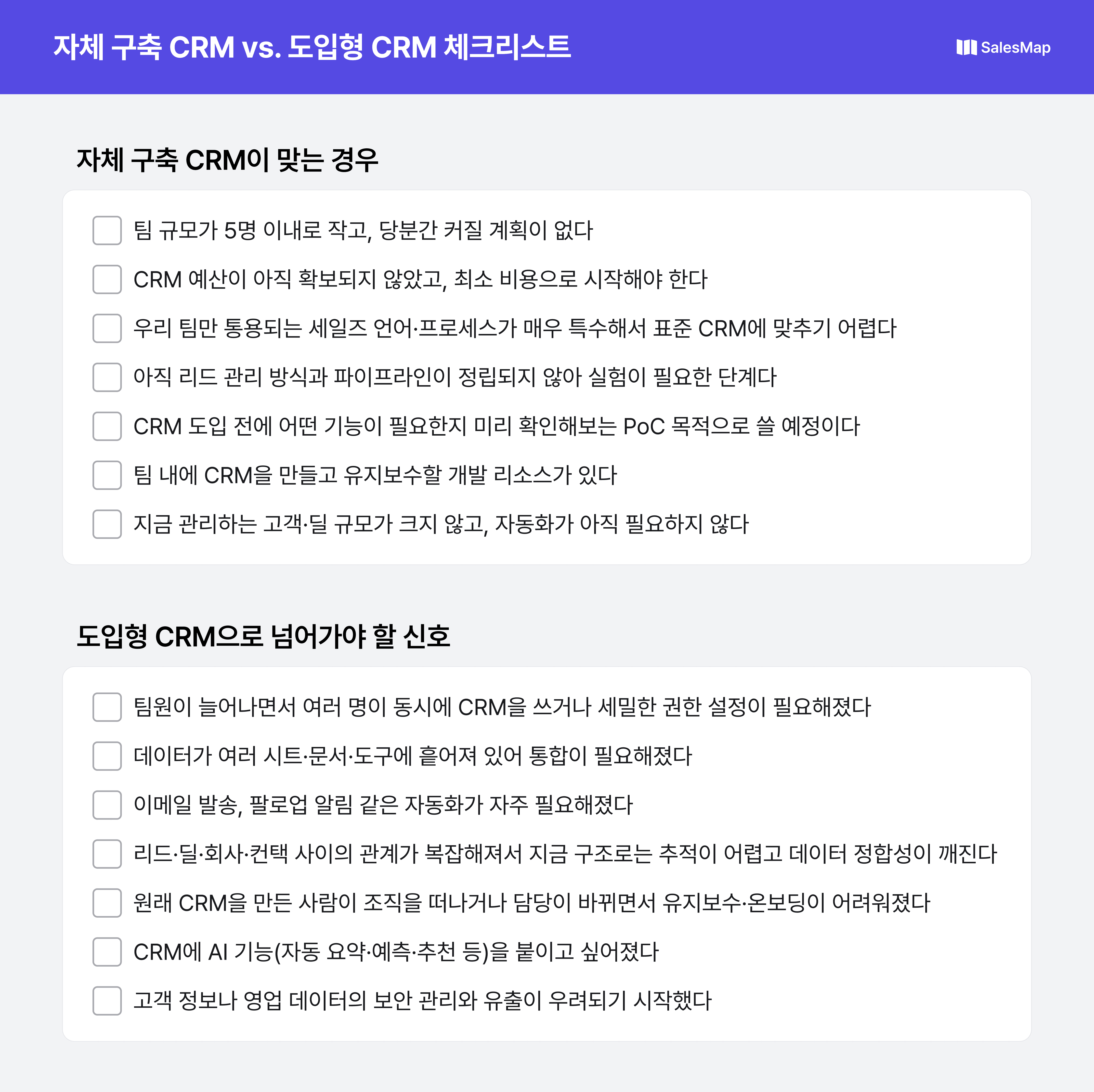 자체 구축 CRM과 도입형 CRM 선택 체크리스트: 자체 구축이 맞는 경우 7가지 항목과 도입형 CRM으로 넘어가야 할 신호 7가지 항목 비교