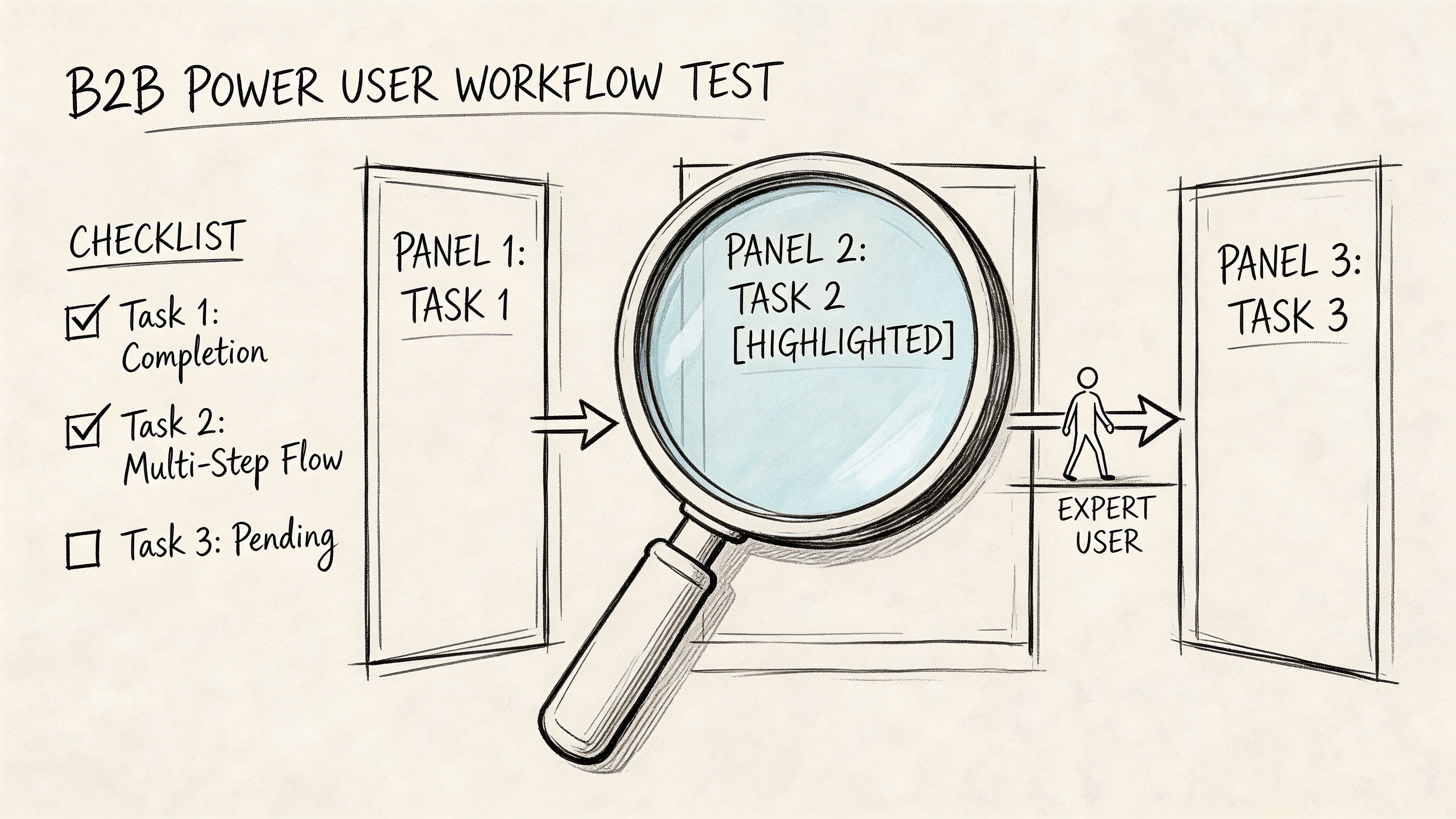 A hand-drawn sketch of a B2B power user workflow showing three panels and a magnifying glass focus.