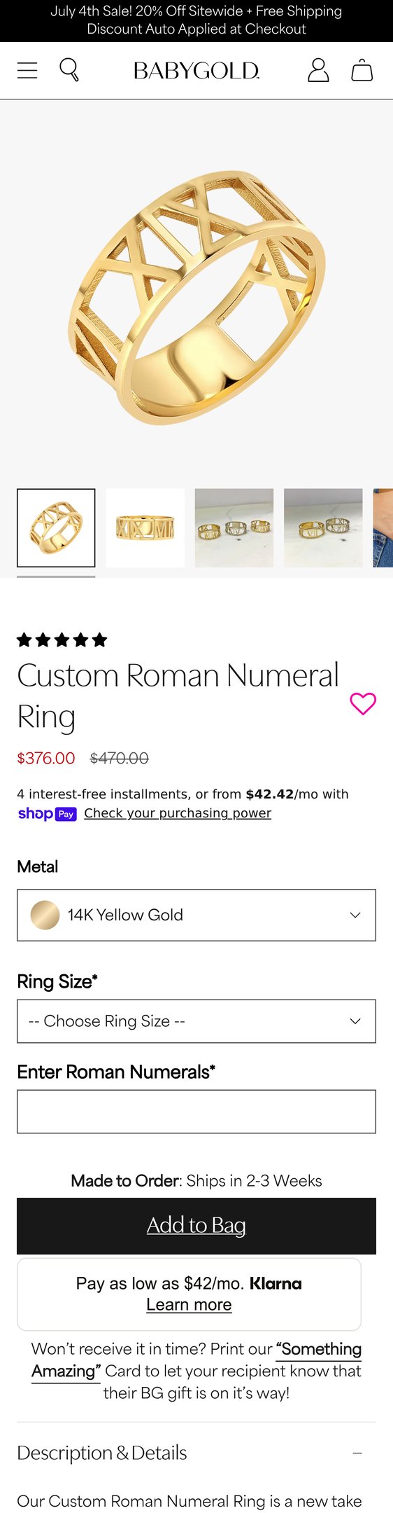 Jewelry product options include: ring for 14K Gold Custom Roman Numeral Ring from Baby Gold.