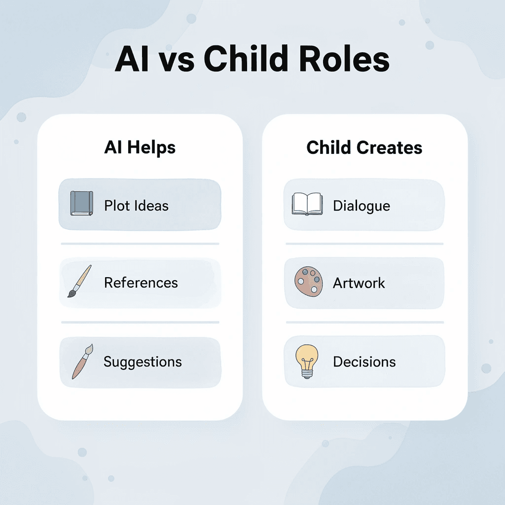 Comparison chart showing AI assistance versus child creative roles - 