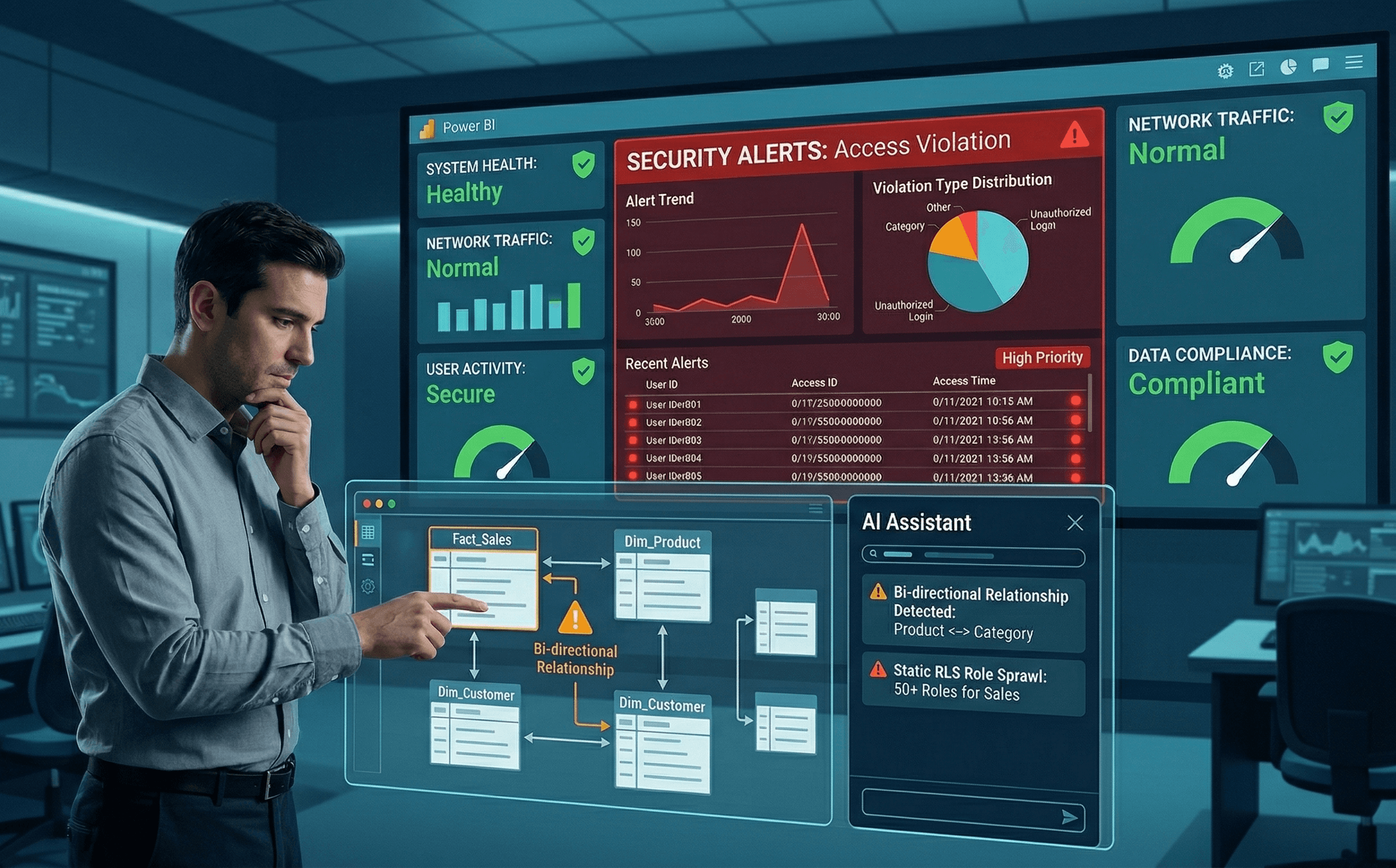 Power BI Row Level Security dashboard showing a regional sales view, with one panel highlighted as an access violation and a data engineer reviewing a one-way relationship star schema while an AI assistant flags bi-directional filter issues.
