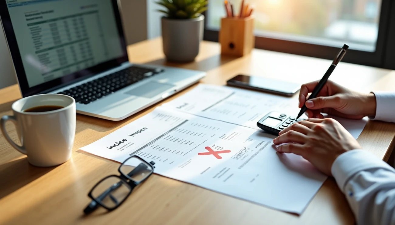 Person using a calculator and pen to review invoices marked with a red X on a desk with laptop and coffee cup.