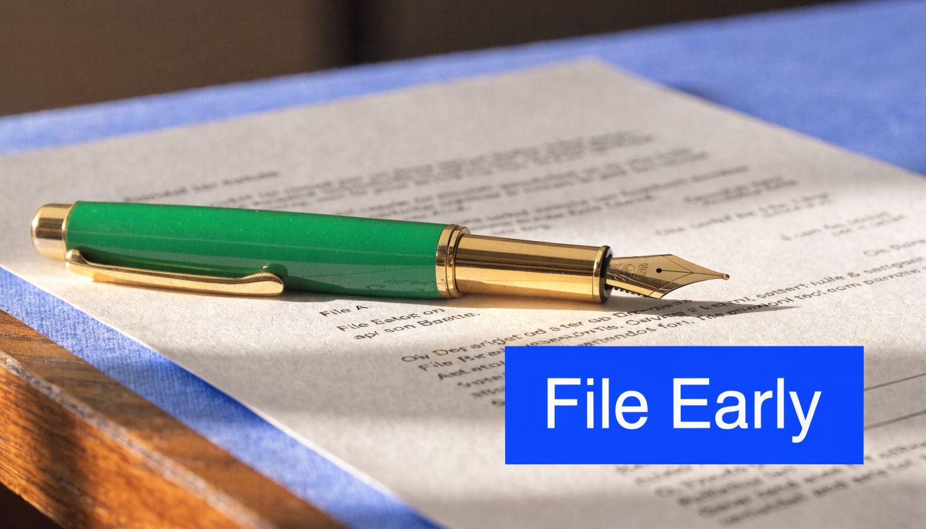 A close-up view of a green fountain pen resting on a legal document with a blue background.