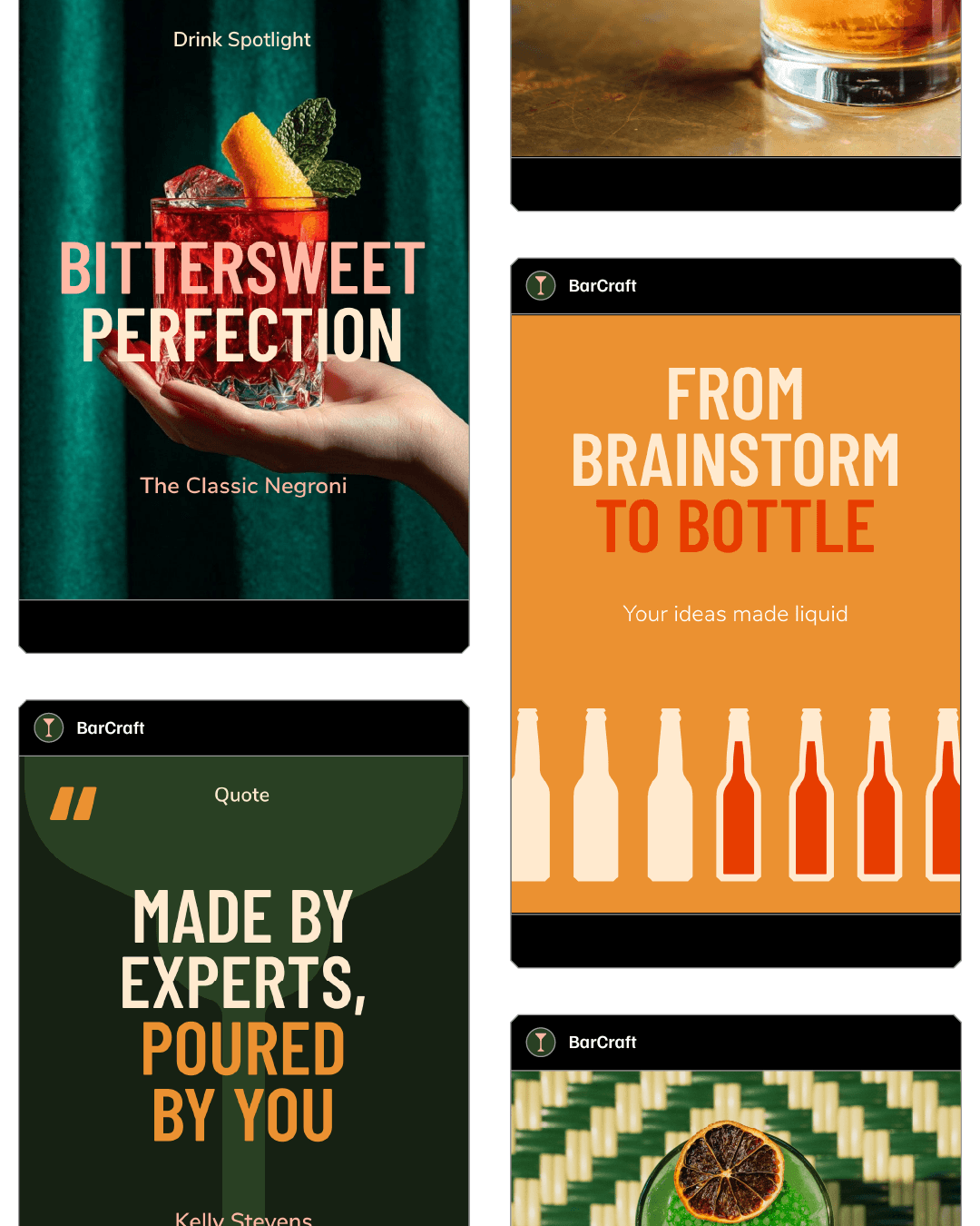 BarCraft identity applied across beverage development, packaging and business materials.